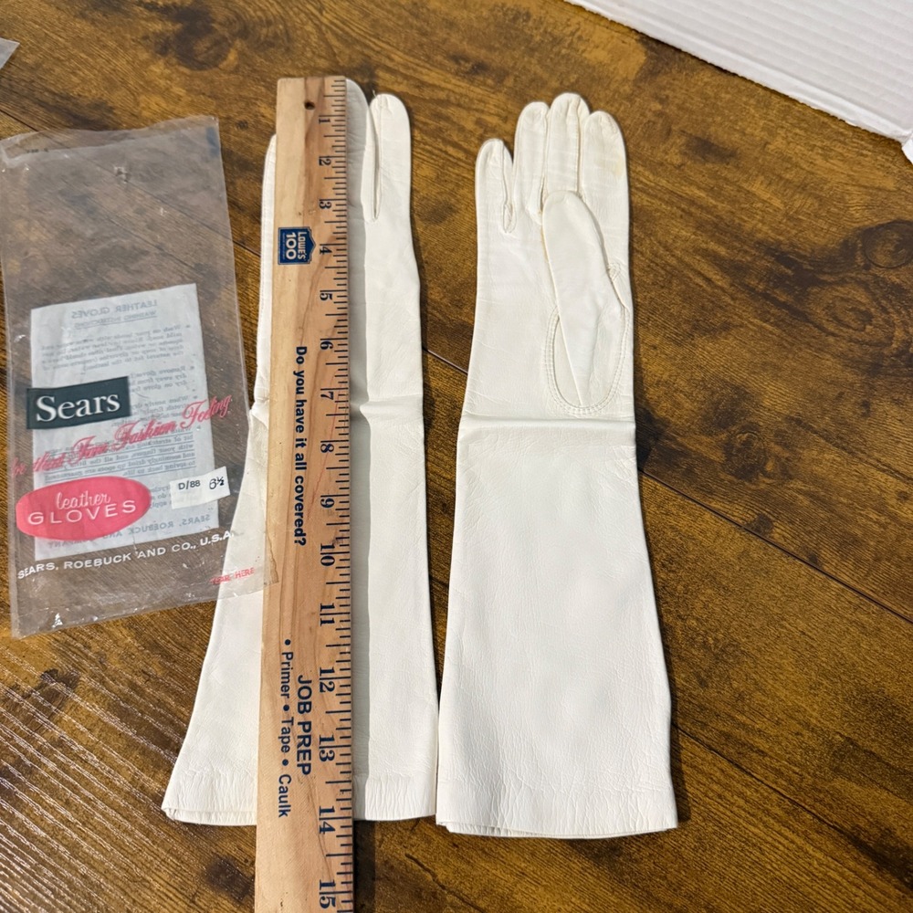 Vtg Sears White Leather Opera Gloves Size 6.5 Long Evening Formal Prop Costume - Picture 2 of 12